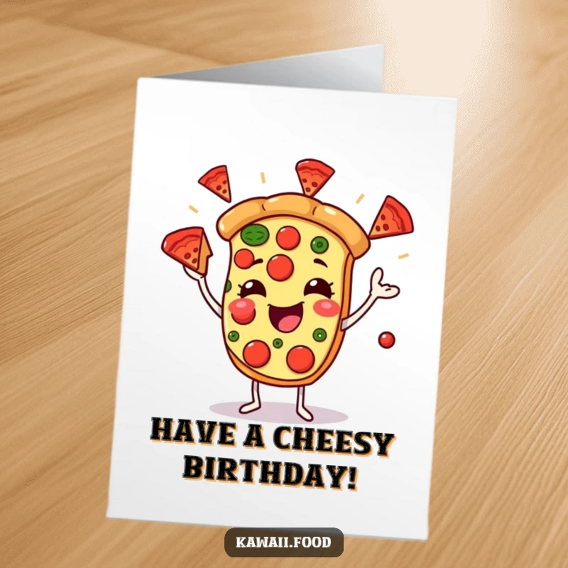 Funny Free Printable Birthday Card: A cheerful pizza slice character expertly juggling flying pepperoni slices.