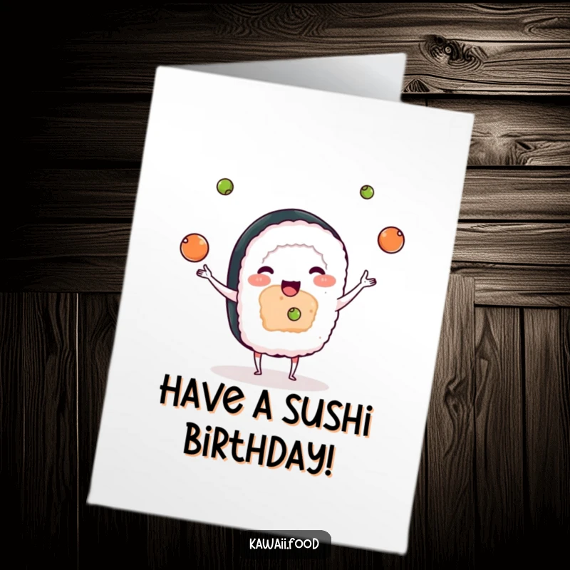 Funny Free Printable Birthday Card: A playful sushi character expertly juggling small balls of wasabi.