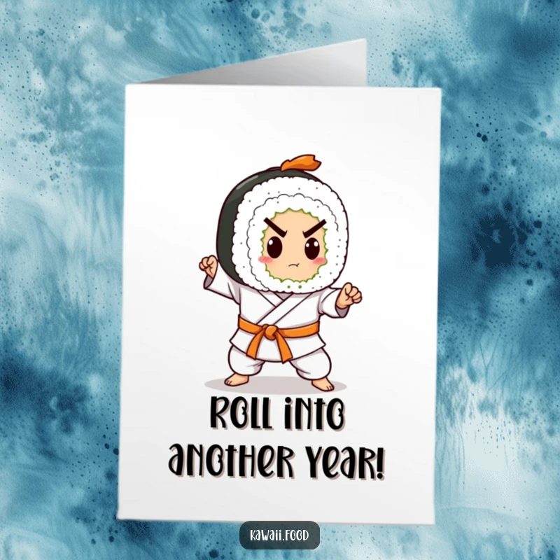 Funny Free Printable Birthday Card: A sushi roll with a black belt practicing a karate chop with fierce determination.