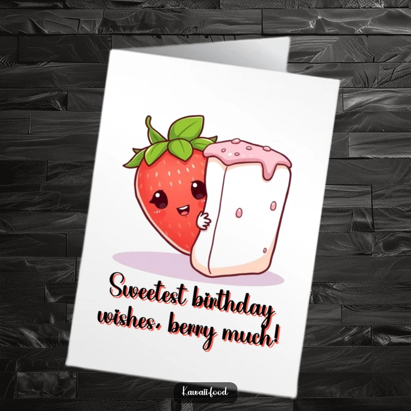 Funny Free Printable Birthday Card: Curious strawberry character in a leaf hat peeking from behind a sugar cube.