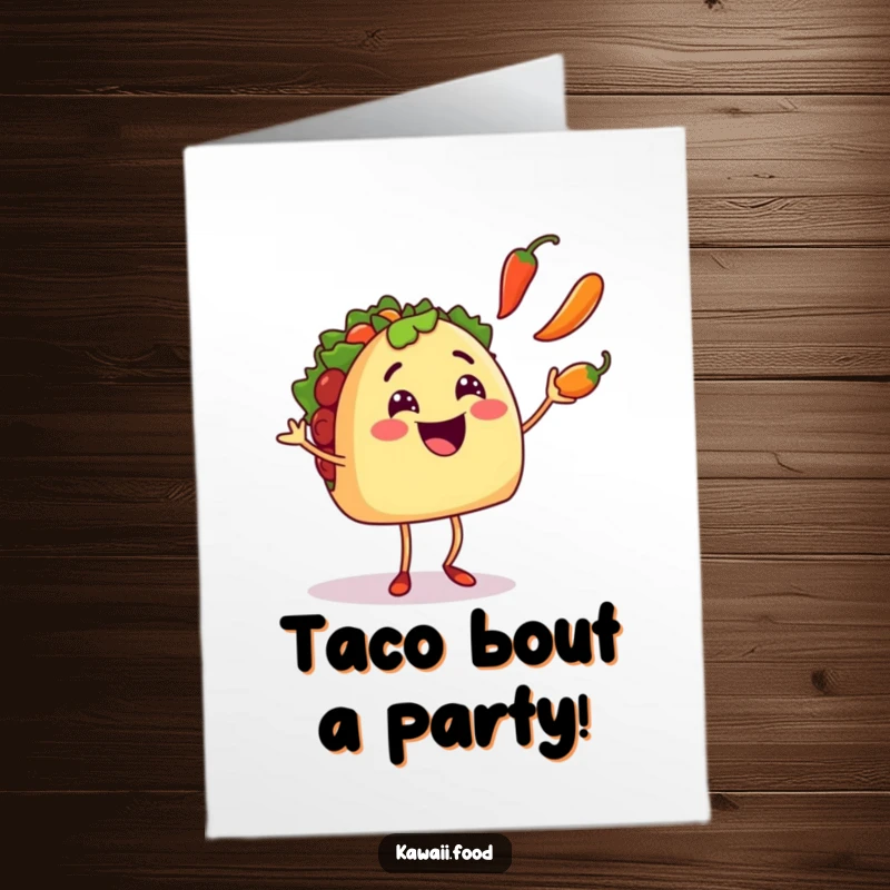 Funny Free Printable Birthday Card: Smiling taco character with tiny legs juggling three colorful chili peppers.