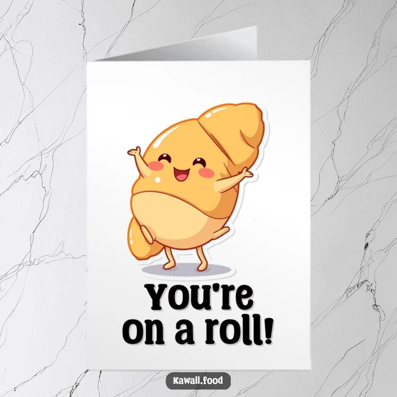 Free Printable Congratulations Card: A happy croissant does a cartwheel, celebrating a fantastic accomplishment.