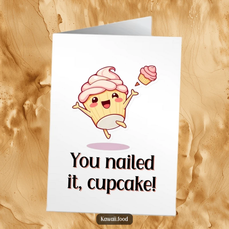 Funny Free Printable Congrats Card: Playful cupcake doing a cartwheel, frosting mid-air, celebrating an amazing achievement.