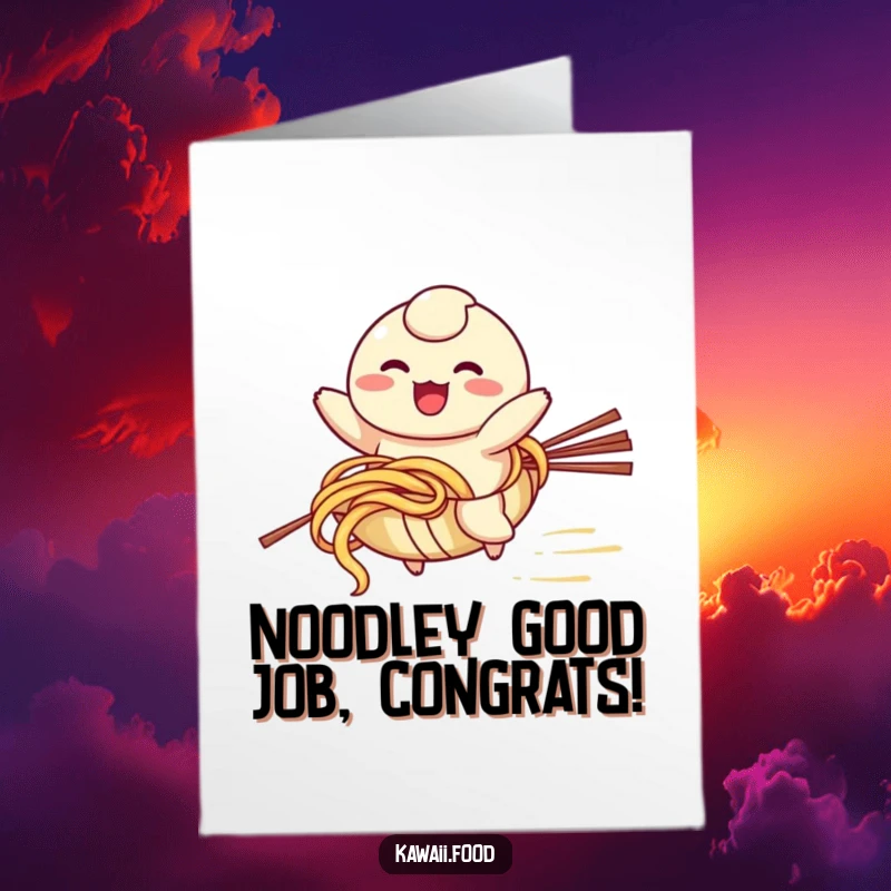Funny Free Printable Congrats Card: A happy dumpling character excitedly riding a runaway noodle, celebrating success.