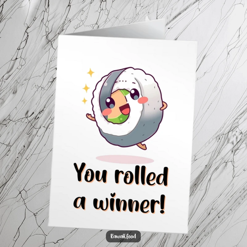 Funny free printable congratulations card: A sushi roll character joyfully cartwheeling with sparkling eyes, a delightful winner.