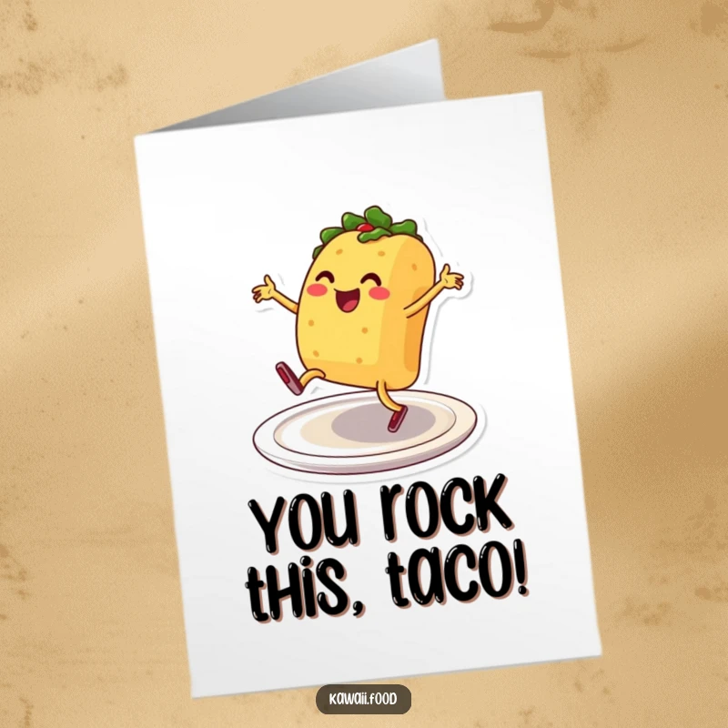 Funny Free Printable Congratulations Card: Taco character breakdancing with enthusiasm on a plate, a fun congrats design.