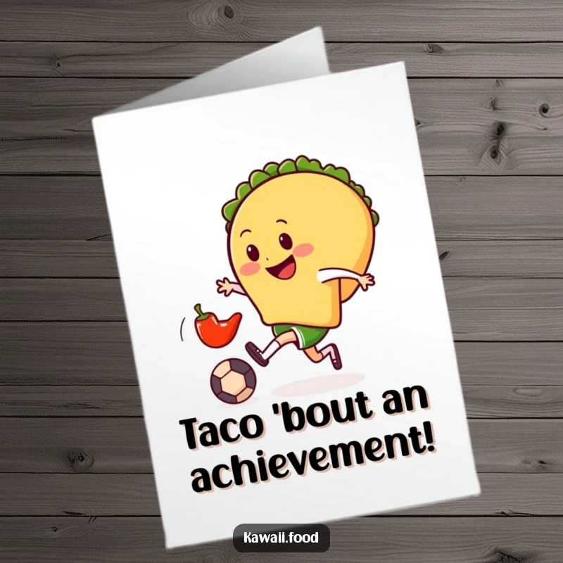 Funny free printable congratulations card featuring a happy taco character scoring a goal by kicking a tiny chili pepper.