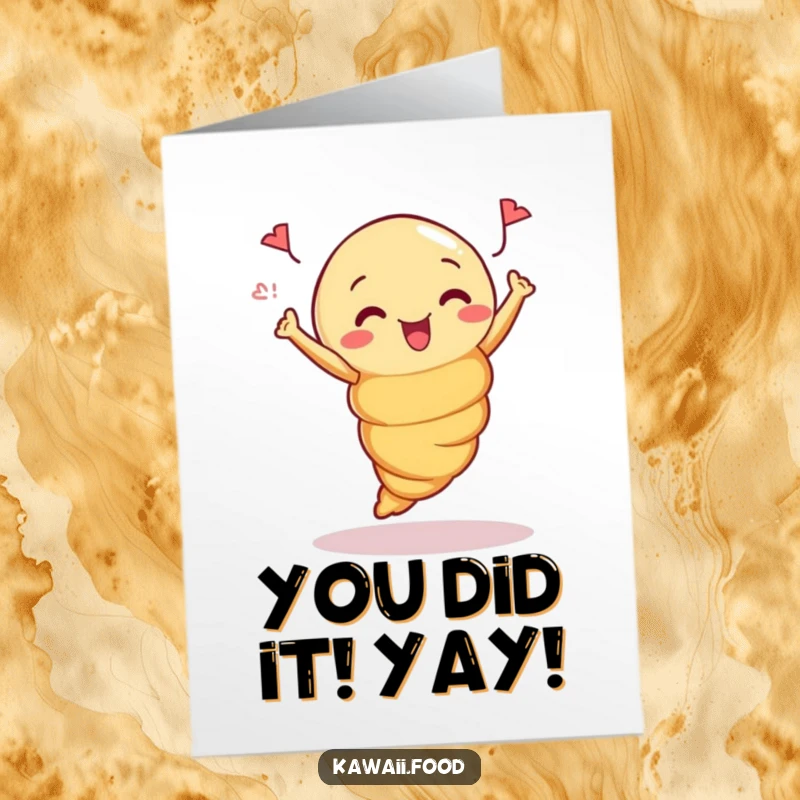 Funny Free Printable Croissant Congratulations Card of a curious croissant leaping with joy.