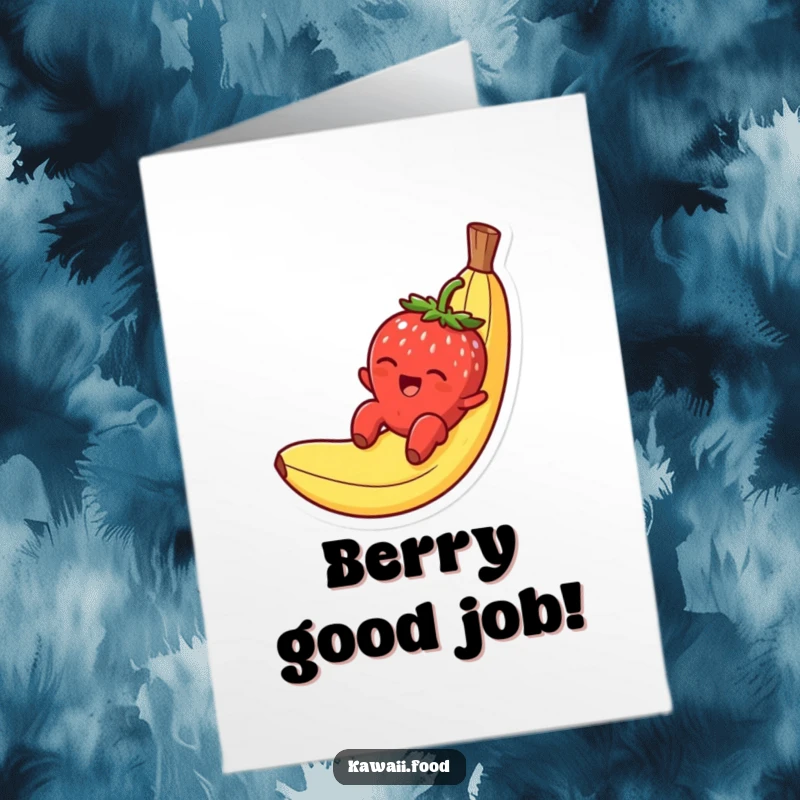Funny Free Printable Congratulations Card: Smiling strawberry character slides with glee down a banana peel, a joyous celebration.