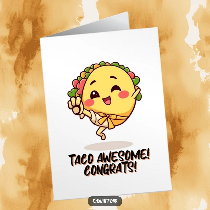 Funny Free Printable Congratulations Card: Happy taco character delivers an energetic karate kick, celebrating victory with zest.