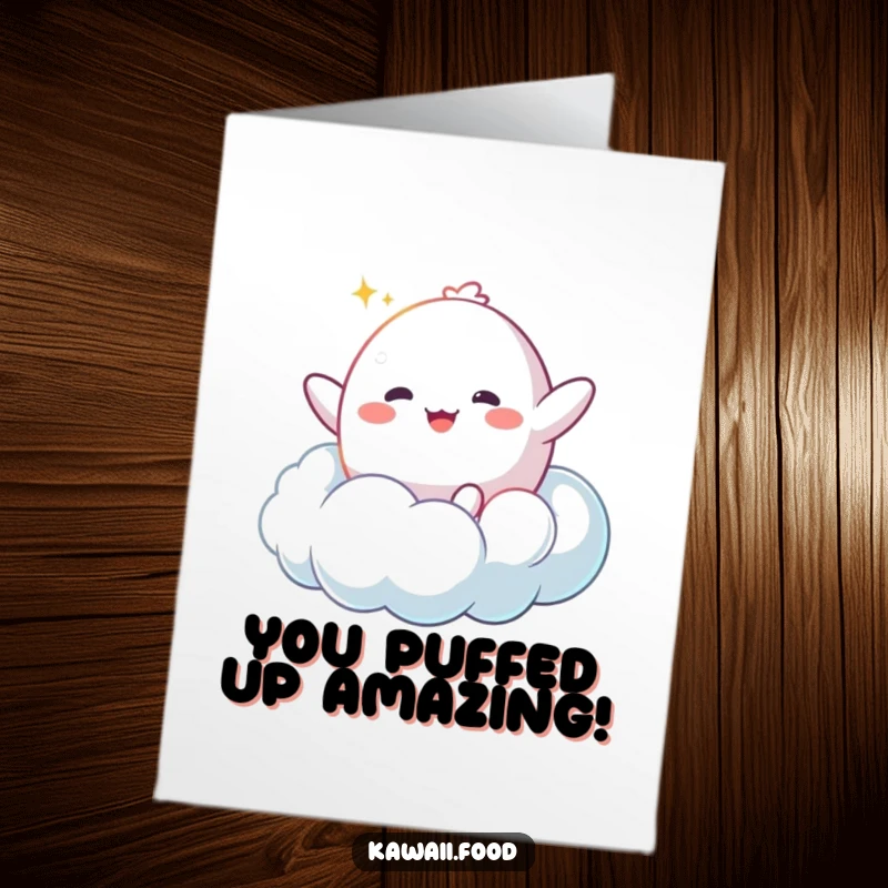 Funny free printable congratulations card with a happy mochi character bouncing joyfully on a soft, fluffy cloud.