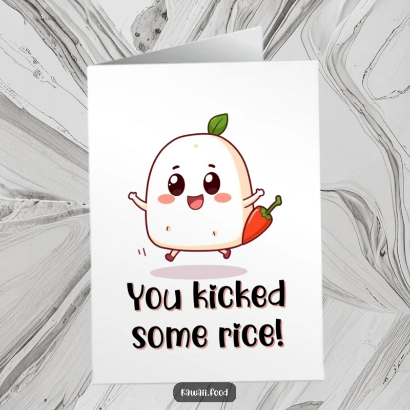 Funny free printable congratulations card with a bouncing onigiri character joyfully skipping alongside a chili pepper.