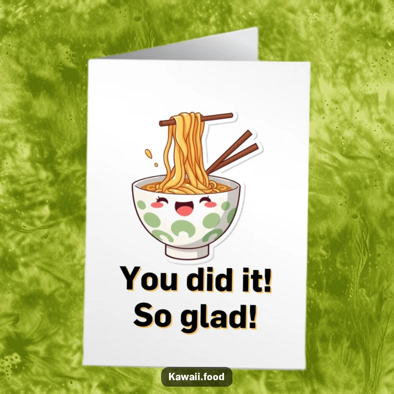 Funny Free Printable Ramen Congratulations Card showing a joyful ramen bowl splashing noodles in celebration.