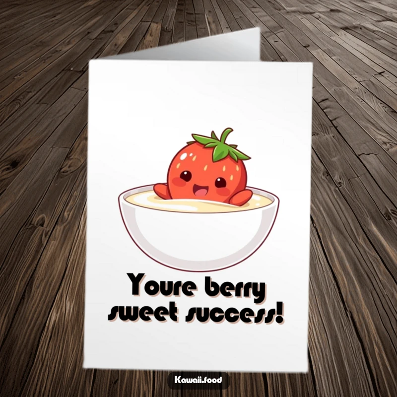 Funny Free Printable Congratulatory Card: A happy strawberry character comically attempting to swim in cream to celebrate achievement.