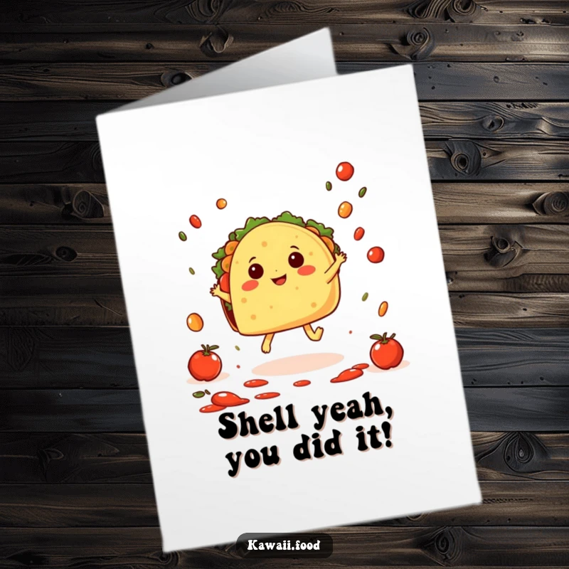 Funny free printable congratulations card featuring a happy taco character hopping joyfully with salsa raining down.