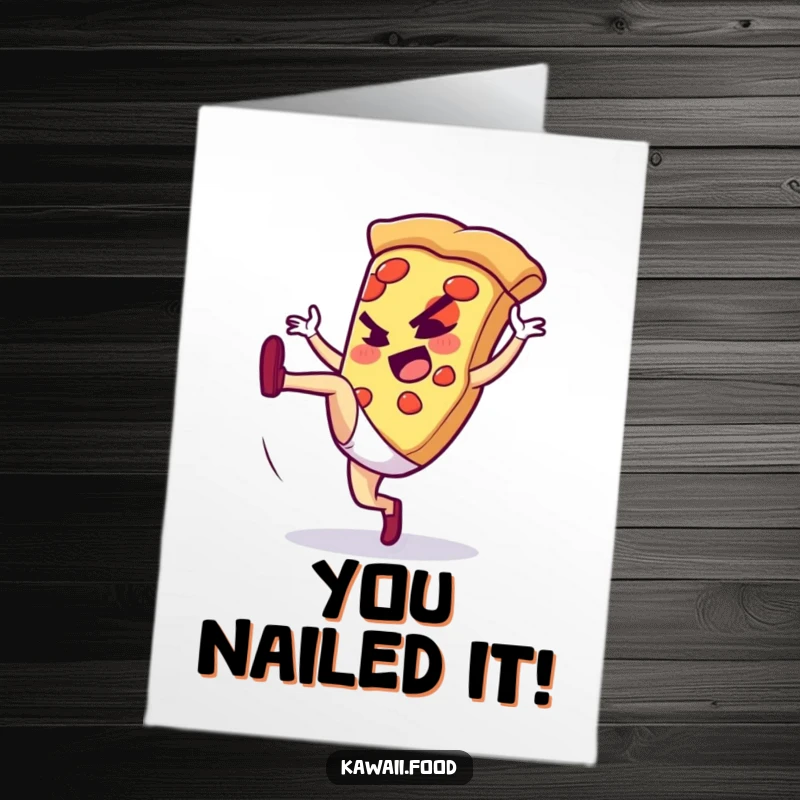 Free Printable Congratulations Card: Determined Pizza Slice Character Executing a Powerful High Kick