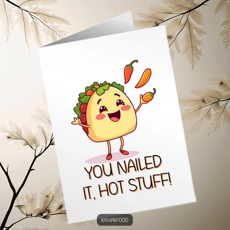 Funny Free Printable Congratulations Card: Smiling taco character with small legs juggling spicy chili peppers with excitement.