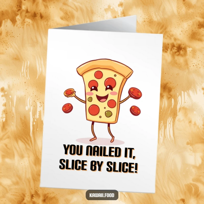 Funny Free Printable Congratulations Card: Animated pizza slice juggling pepperoni, celebrating success with cheesy humor and a smile.