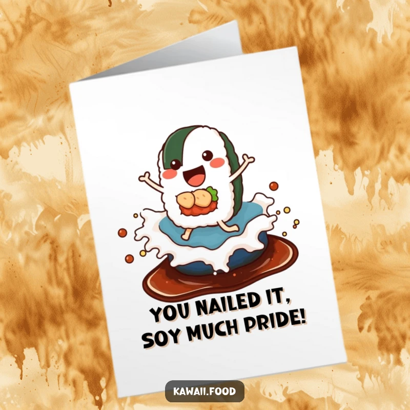 Funny Free Printable Congratulations Card: A happy sushi roll with legs rides a soy sauce wave in celebration.