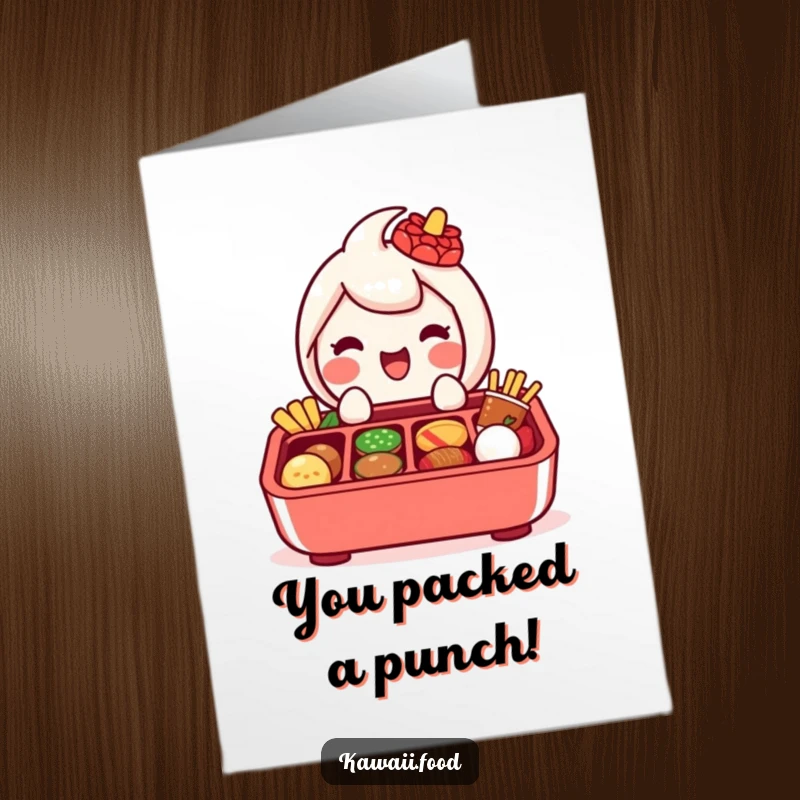 Whimsical free printable congratulations card of a delighted bento box character presenting miniature food.
