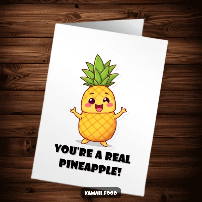 Funny Free Printable Congrats Card: A smiling pineapple character doing a silly dance with its crown wiggling, celebrating success.