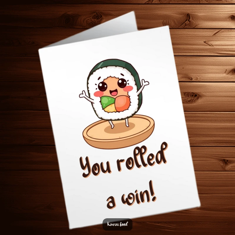 Funny Free Printable Congratulations Card: Cheerful sushi roll character dancing with joy on a wooden plate.