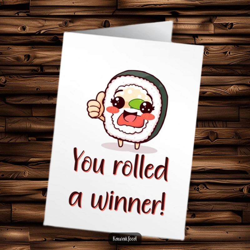 Funny Free Printable Congratulations Card: Proud sushi roll character giving a thumbs up, celebrating success with flair.