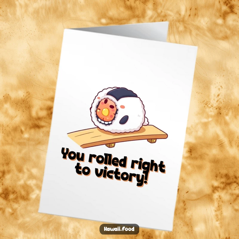 Funny Free Printable Congratulations Card: A smiling sushi roll smoothly slides down a ramp, symbolizing a successful journey.