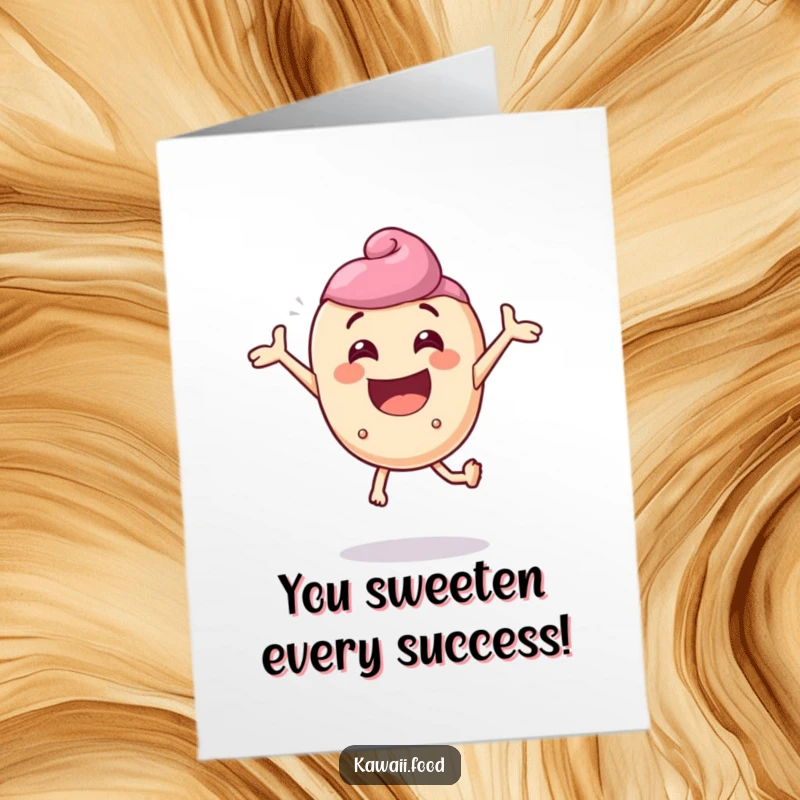 Funny Free Printable Congratulatory Card: A delighted candy character comically bouncing with extreme enthusiasm to celebrate success.