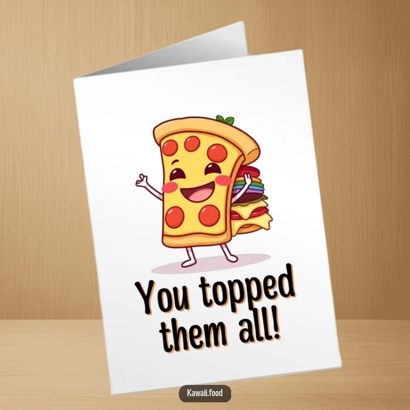 Funny free printable congratulations card: A grinning pizza character successfully balancing numerous toppings, a delicious victory.