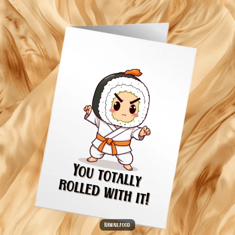 Funny Free Printable Congratulations Card: A sushi roll in a karate belt delivers a powerful chop in celebration.