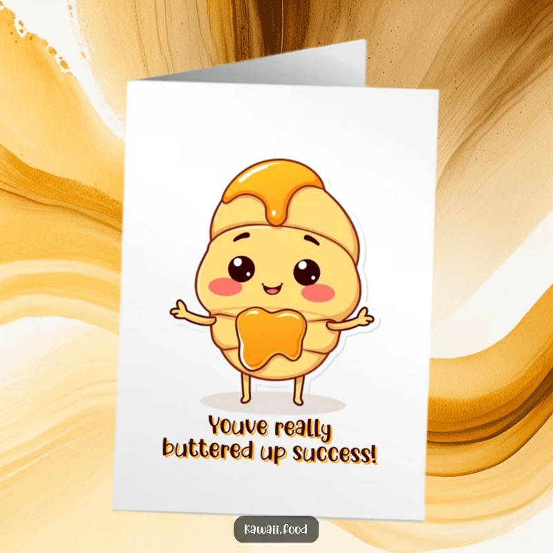 Humorous free printable congratulations card featuring a smiling croissant character spreading jam with tiny arms.