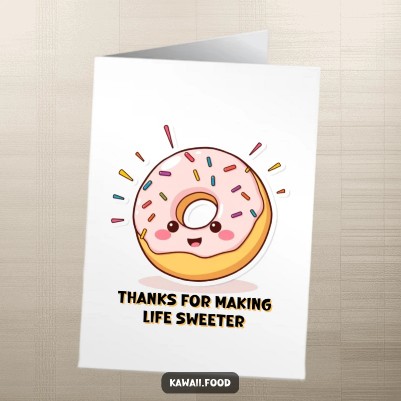 Funny Free Printable Thank You Card of a donut with sprinkles flying, expressing thanks with playful sweetness.