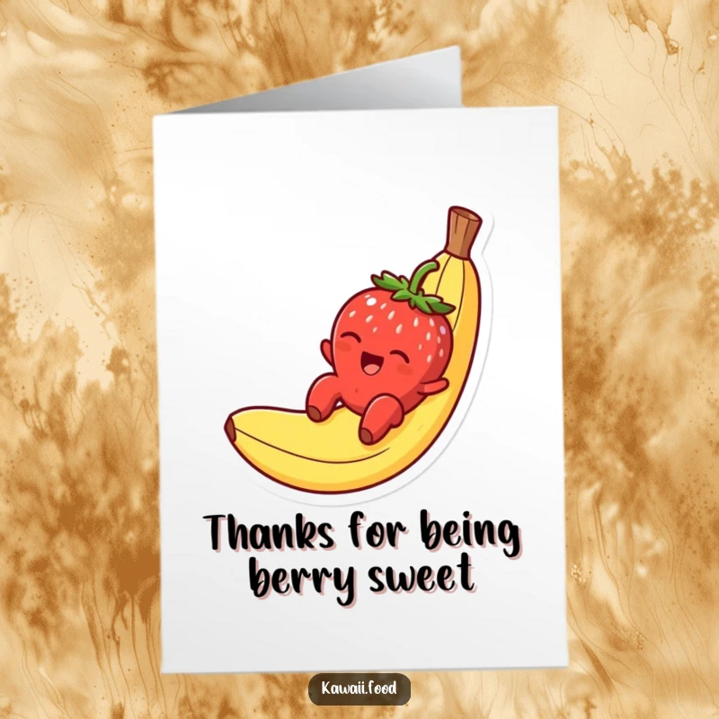 Funny Free Printable Thank You Card: Smiling strawberry character gleefully slides down a banana peel, a sweet gesture of thanks.