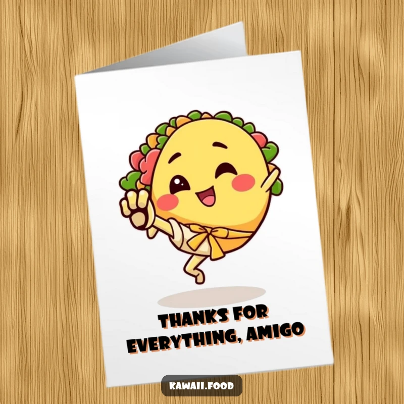 Funny Free Printable Thank You Card: Happy taco character with legs excitedly does a karate kick, a spirited thanks.