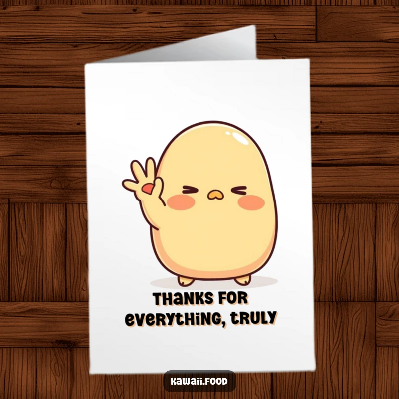 Funny free printable thank you card featuring a blushing tamagoyaki character shyly waving and winking.