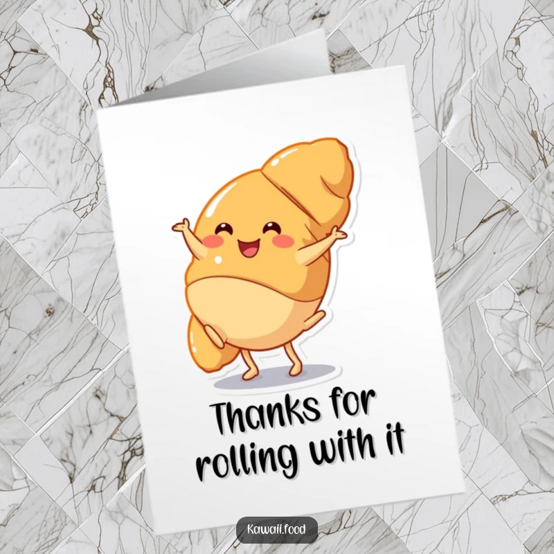 Funny Free Printable Thank You Card: A happy croissant character does a cartwheel as a gesture of thanks.