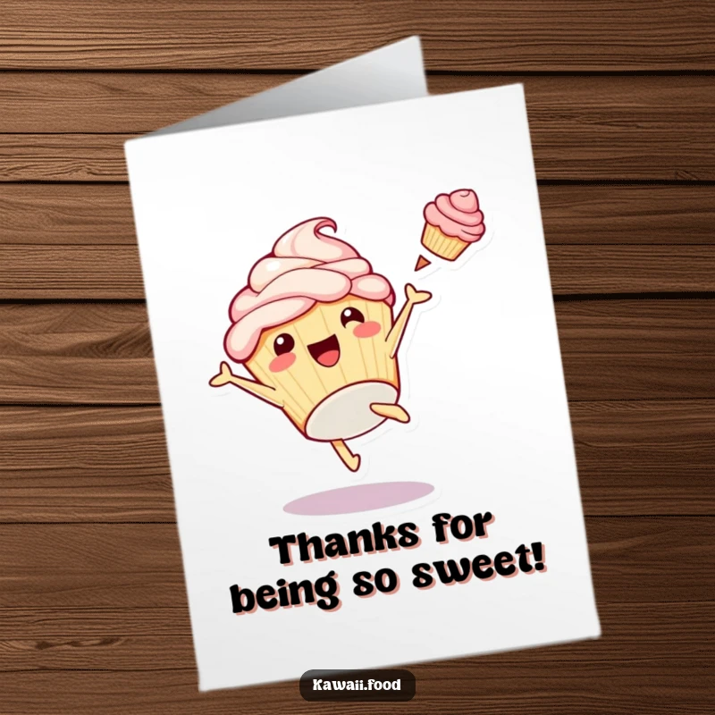 Funny Free Printable Thank You Card: Playful cupcake character doing a cartwheel, frosting flying, conveying thanks.