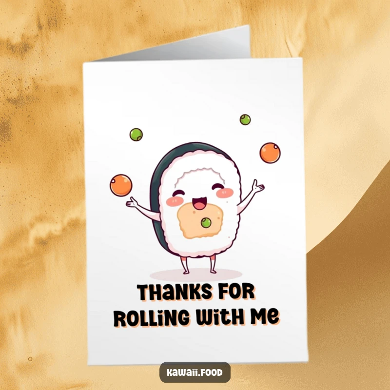 Funny Free Printable Thank You Card: A sushi character juggling wasabi balls, playfully expressing gratitude.