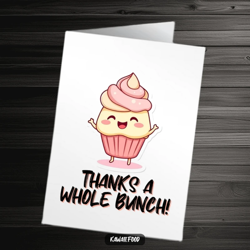 Funny Free Printable Thank You Card: A wiggly cupcake character expressing gratitude with a happy dance.