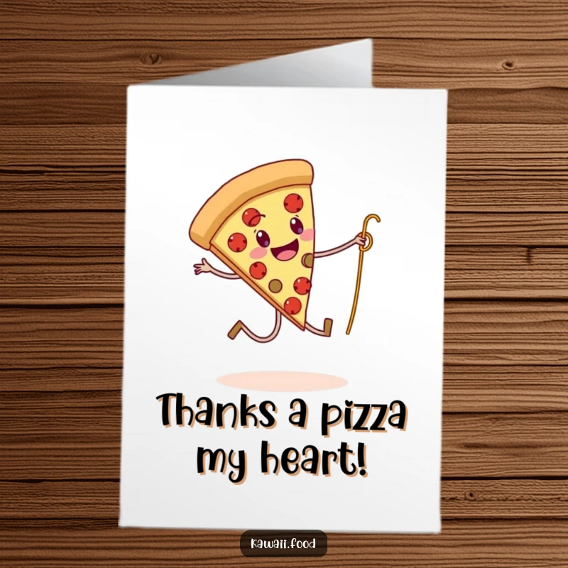 Funny Free Printable Thank You Card: A pizza slice with legs amusingly skips rope with a spaghetti strand, expressing thanks.