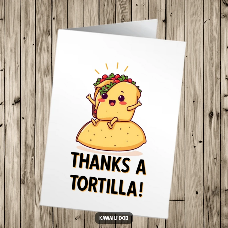 Funny Free Printable Thank You Card: Triumphant Taco with Legs Rides Giant Tortilla Expressing Gratitude