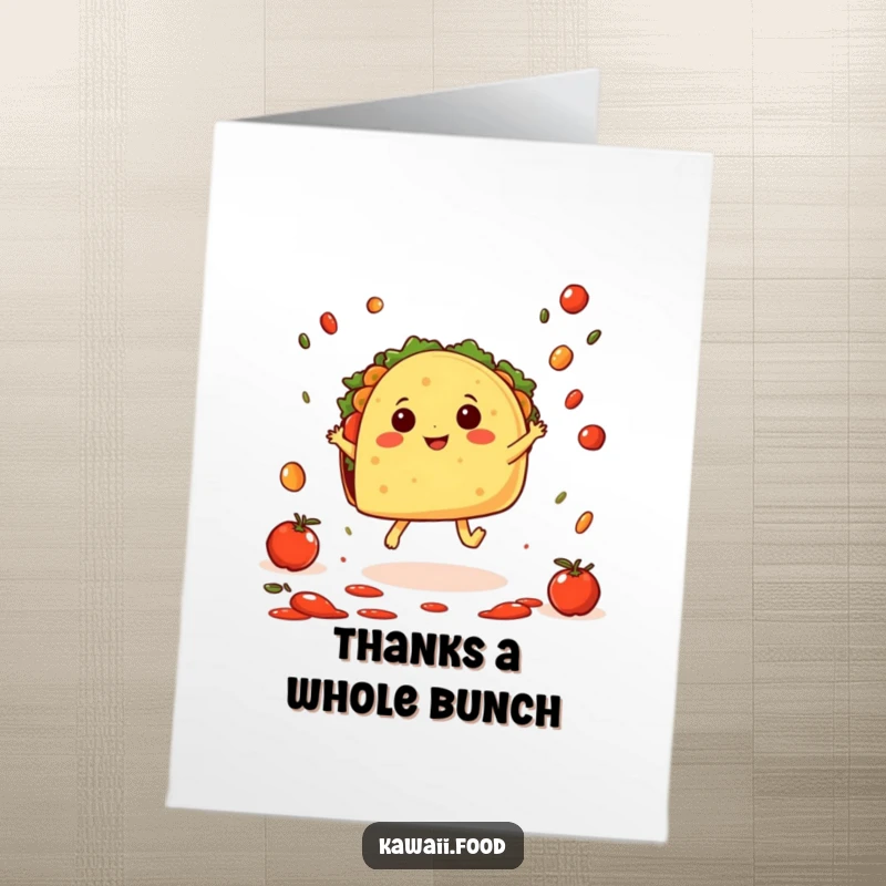 Funny free printable thank you card with a hopping taco character showering in salsa, expressing thanks.