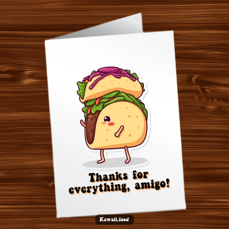 Funny Free Printable Thank You Card: A taco with legs amusingly balances a burrito on its head, saying thanks.