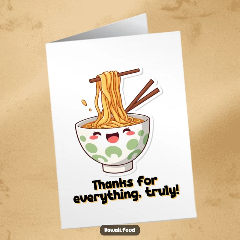Funny Free Printable Ramen Thank You Card featuring a happy bowl of ramen splashing noodles.