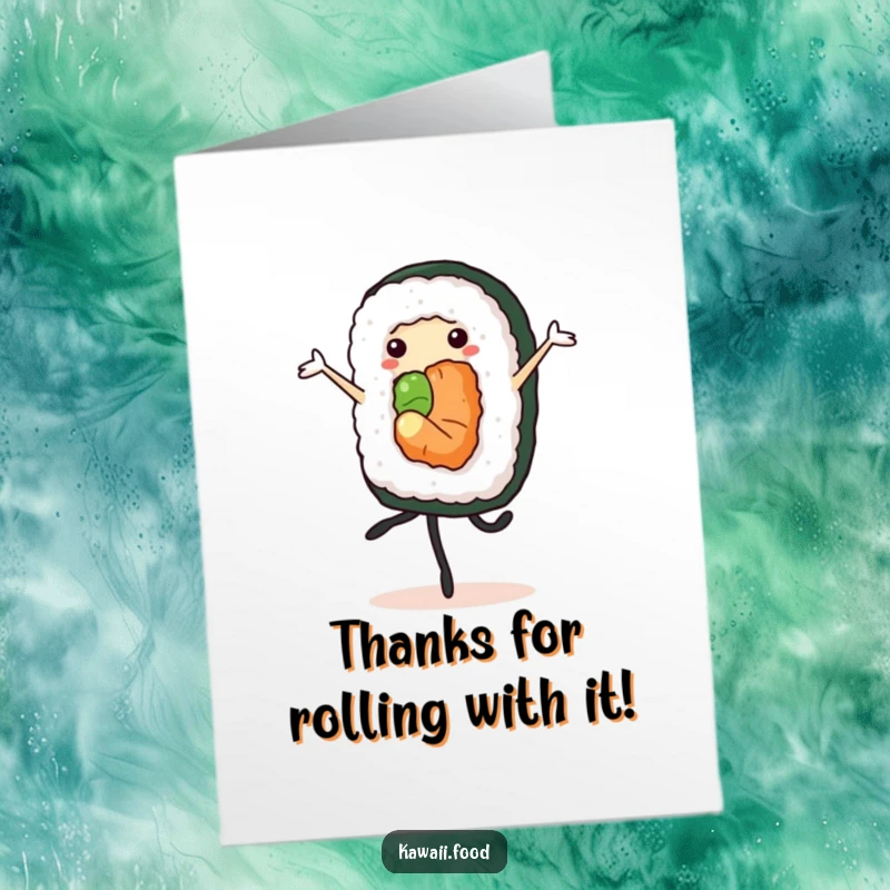 Funny Free Printable Thank You Card: Cheerful sushi roll with legs performing a pirouette to show gratitude.