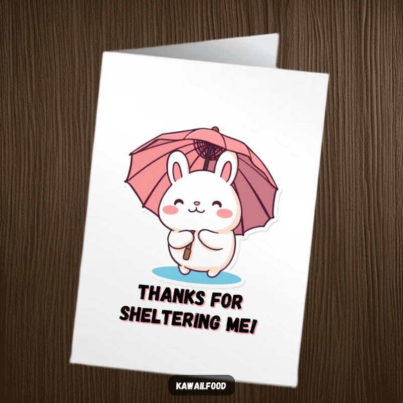 Funny Free Printable Thank You Card: A curious bao bun character peeking from under a tiny umbrella, expressing thanks sweetly.