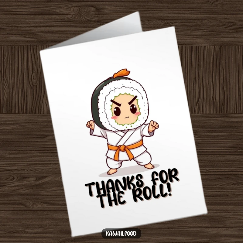 Funny Free Printable Thank You Card: A determined sushi roll character wearing a karate belt practicing a chop motion.