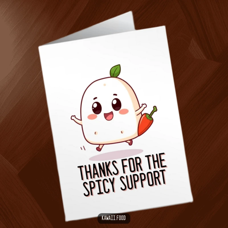 Funny free printable thank you card featuring a bouncing onigiri character joyfully skipping with a chili pepper.