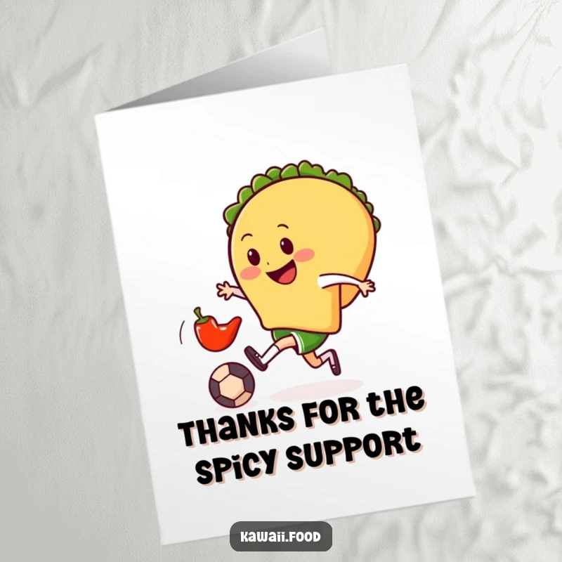 Funny free printable thank you card: a smiling taco character kicking a small chili pepper, conveying playful thanks.